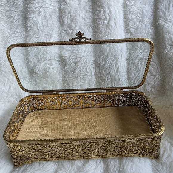 Vintage 24k Gold Plated Jewelry Box with Glass Cover.